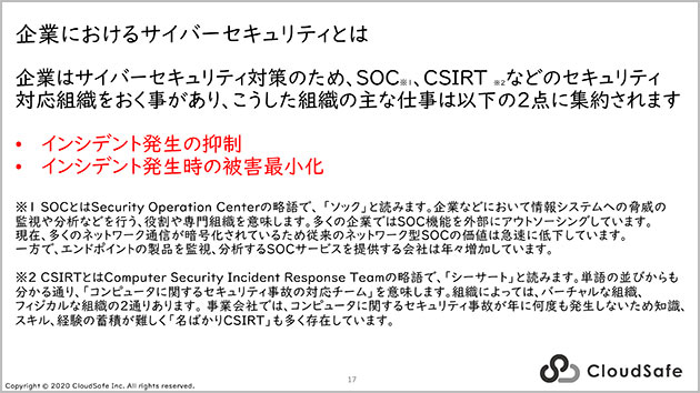 サイバーセキュリティ対策「インシデント（＝サイバー攻撃など）の発生の抑制」「インシデント発生時の被害最小化」