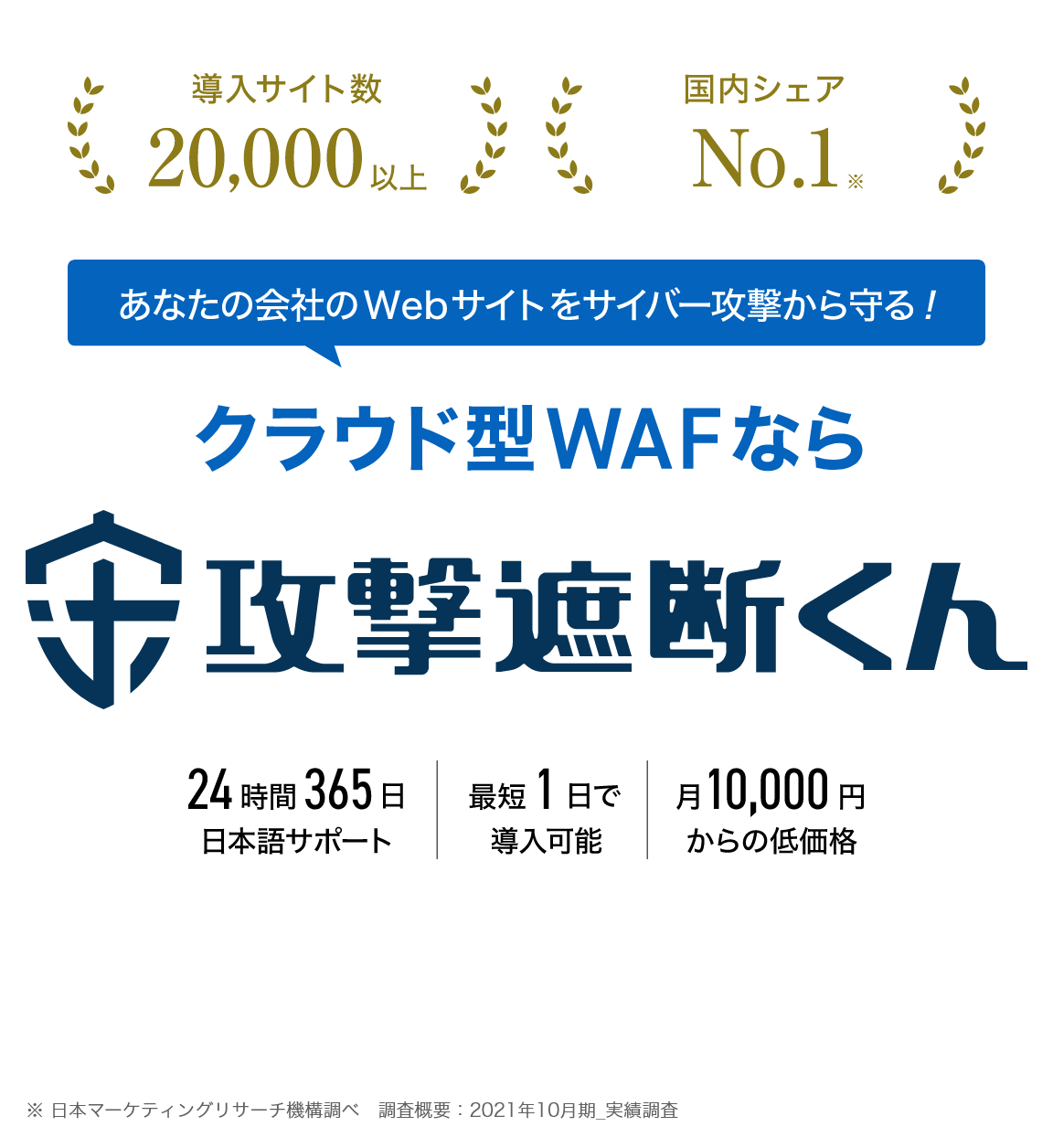 導入サイト数 20,000以上 国内シェア No,1 あなたの会社のWebサイトをサイバー攻撃から守る! クラウド型WAFなら 攻撃遮断くん 24時間365日 日本語サポート 最短1日で導入可能 月10,000円からの低価格